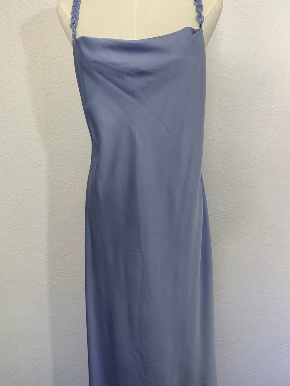 Braided-Strap Satin Midi Dress in Dusty Blue